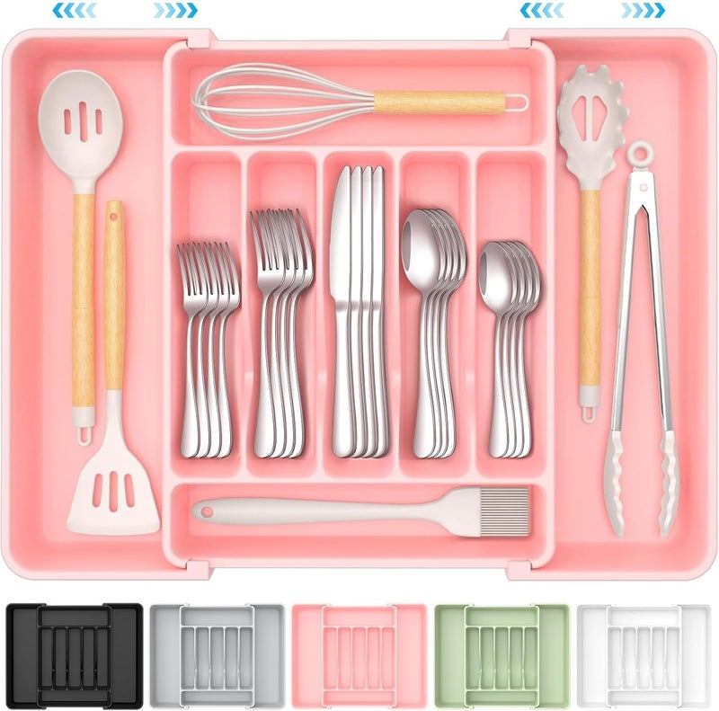 ukeetap Extra Large Expandable Silverware Organizer, BPA-Free Food-Safe Cutlery Flatware Organizer, Kitchen Utensil Drawer Organizer, Adjustable Silverware Holder for Spoons Forks Knives, Pink - Image 1